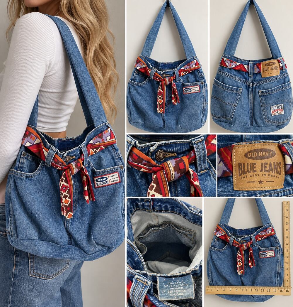 Old Navy Blue Jeans Denim Shoulder Bag Y2K Upcycled Jean Purse Scarf Belt